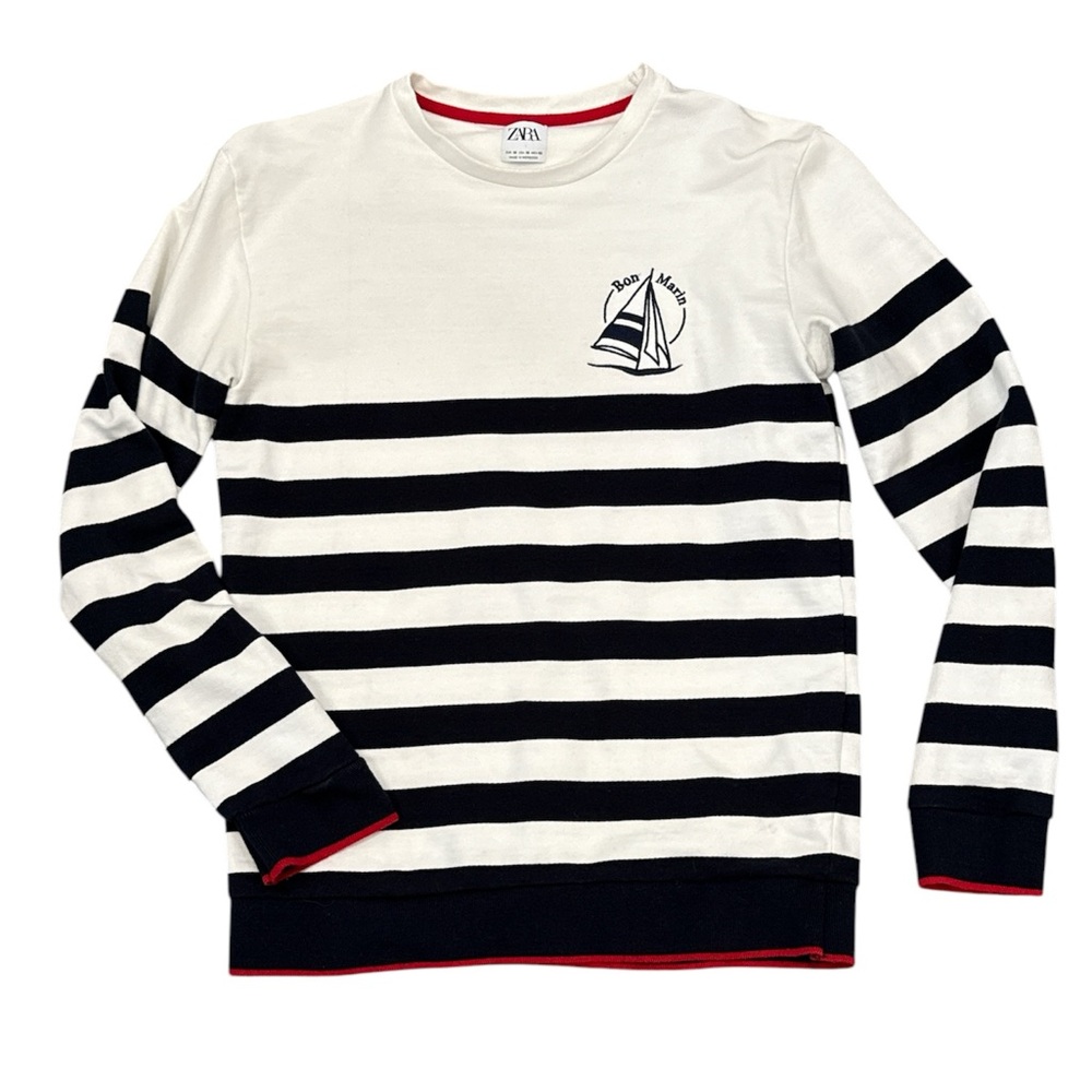 Zara Bon Marin White Navy Striped Embroidered Sweatshirt Women's Medium Coastal